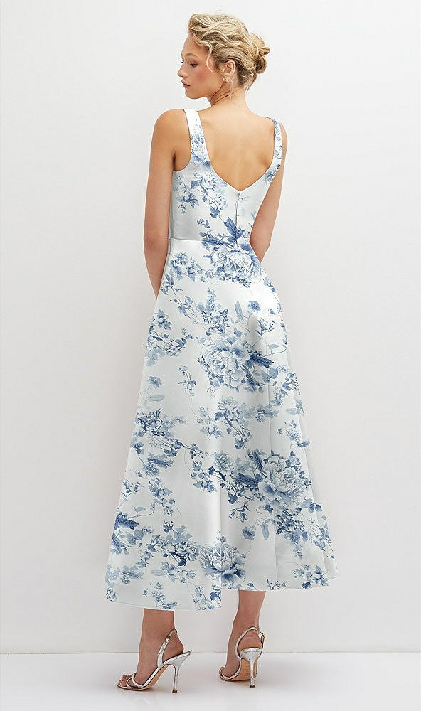 Back View - Cottage Rose Larkspur Floral Square Neck Satin Midi Dress with Full Skirt & Pockets