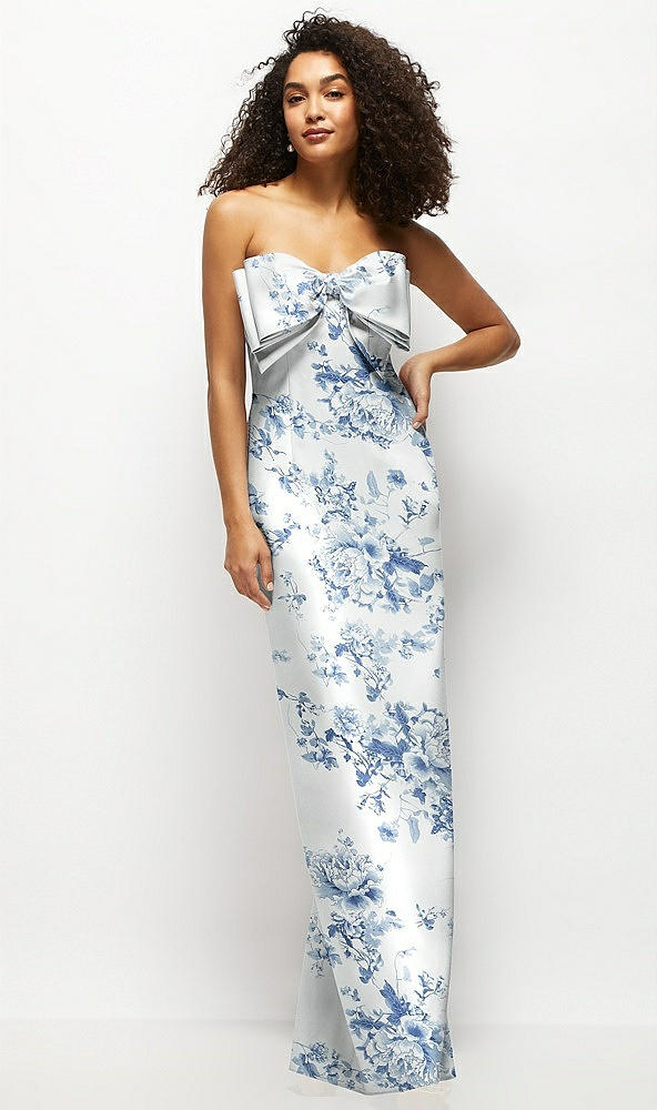 Front View - Cottage Rose Larkspur Strapless Floral Satin Column Maxi Dress with Oversized Bow