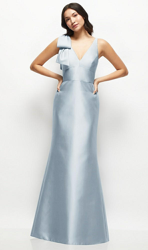 Front View - Mist Deep V-back Satin Trumpet Dress with Cascading Bow at One Shoulder