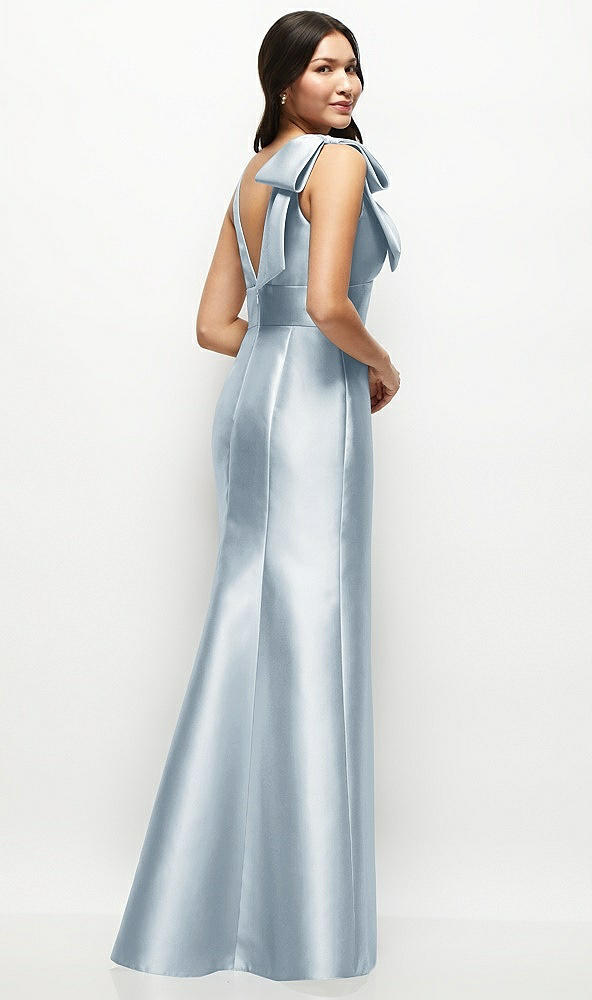 Back View - Mist Deep V-back Satin Trumpet Dress with Cascading Bow at One Shoulder