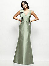 Front View Thumbnail - Sage Deep V-back Satin Trumpet Dress with Cascading Bow at One Shoulder