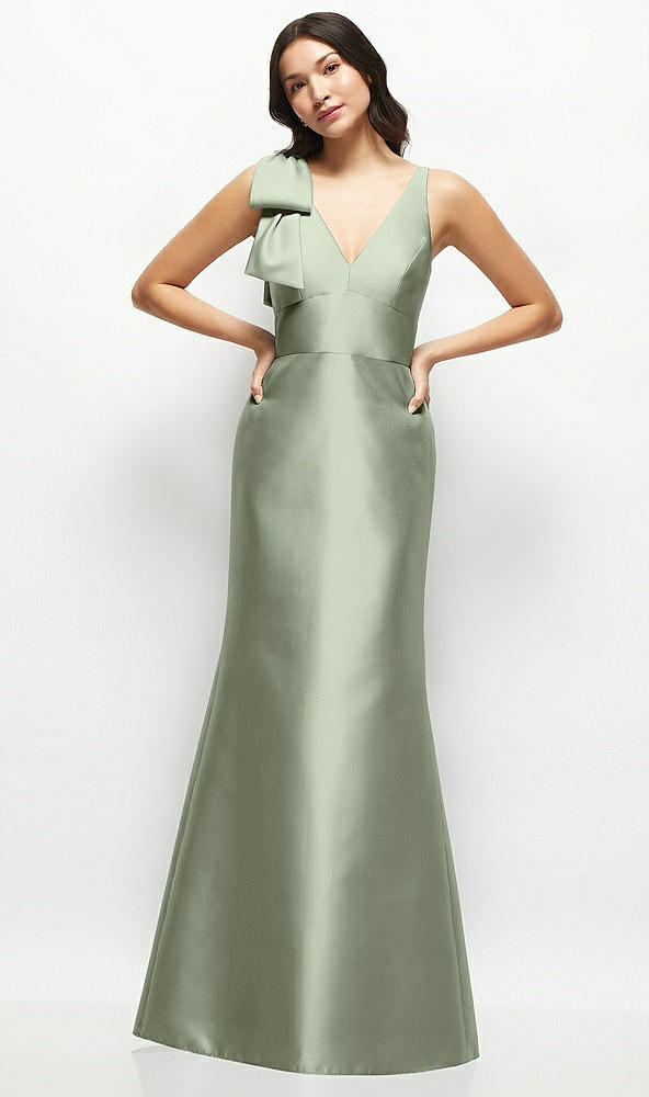 Front View - Sage Deep V-back Satin Trumpet Dress with Cascading Bow at One Shoulder