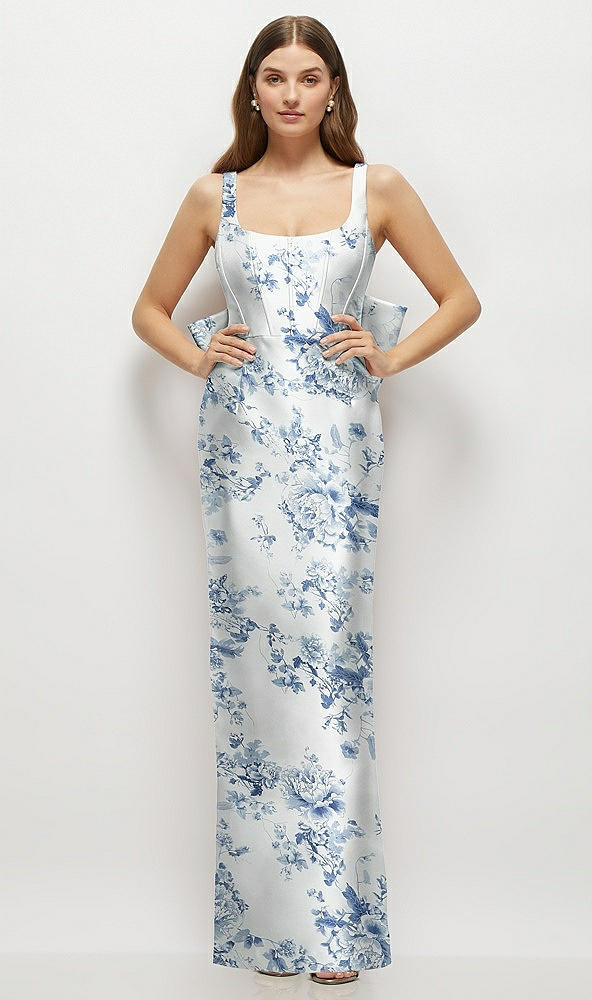 Front View - Cottage Rose Larkspur Floral Scoop Neck Corset Satin Maxi Dress with Floor-Length Bow Tails