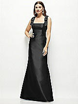 Front View Thumbnail - Black Satin Fit and Flare Maxi Dress with Shoulder Bows