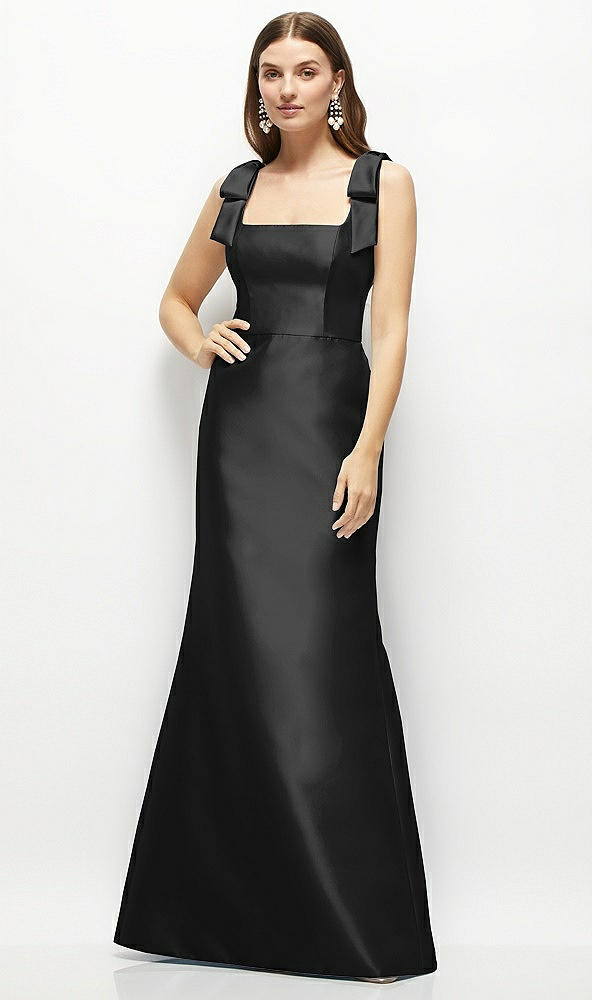 Front View - Black Satin Fit and Flare Maxi Dress with Shoulder Bows