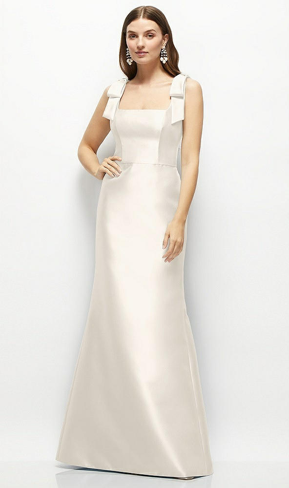 Front View - Ivory Satin Fit and Flare Maxi Dress with Shoulder Bows