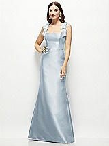 Front View Thumbnail - Mist Satin Fit and Flare Maxi Dress with Shoulder Bows
