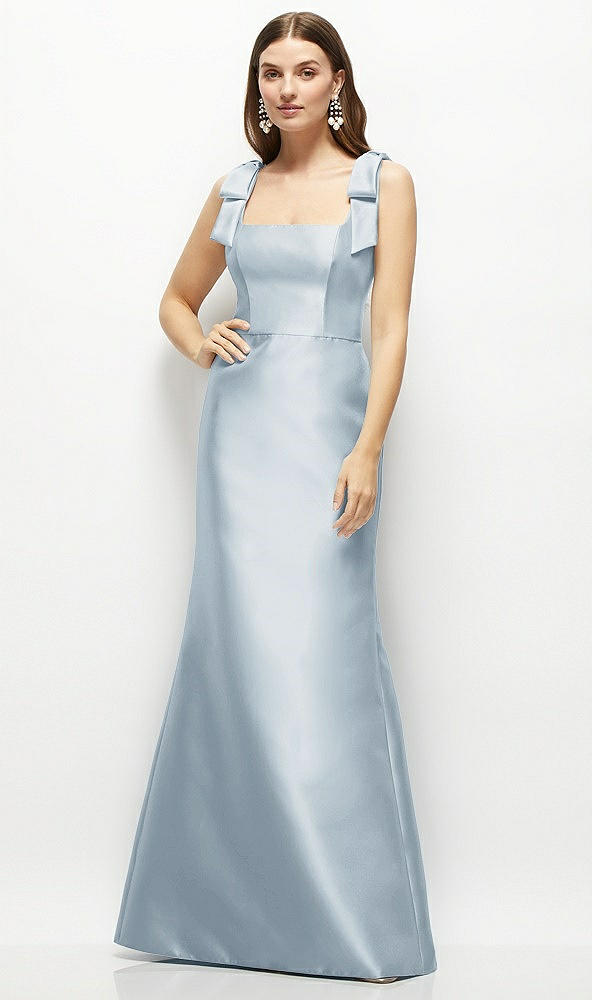 Front View - Mist Satin Fit and Flare Maxi Dress with Shoulder Bows