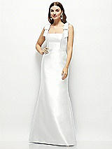 Front View Thumbnail - White Satin Fit and Flare Maxi Dress with Shoulder Bows