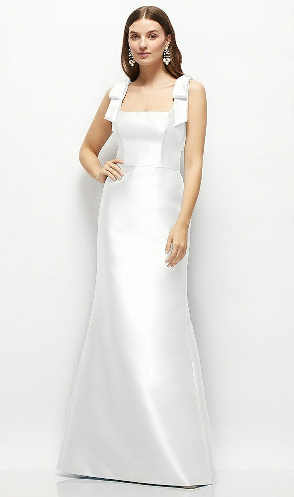Front View - White Satin Fit and Flare Maxi Dress with Shoulder Bows