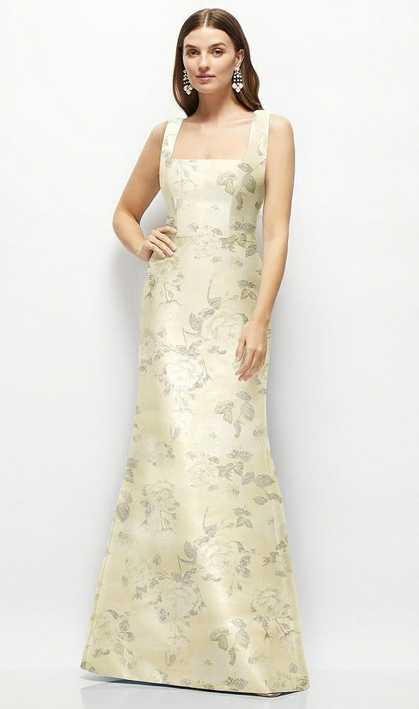 Front View - Butter Yellow Floral Floral Satin Square Neck Fit and Flare Maxi Dress
