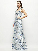 Side View Thumbnail - Cottage Rose Larkspur Floral Satin Square Neck Fit and Flare Maxi Dress