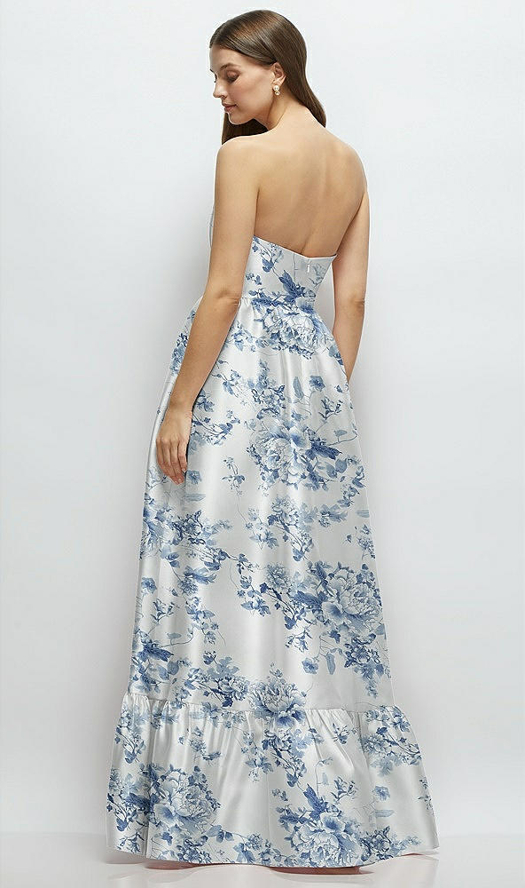 Back View - Cottage Rose Larkspur Floral Strapless Cat-Eye Boned Bodice Maxi Dress with Ruffle Hem