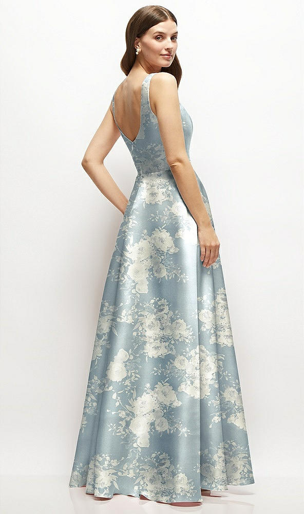 Back View - Porcelain Blue Seraphina Floral Floral Square-Neck Satin Maxi Dress with Full Skirt