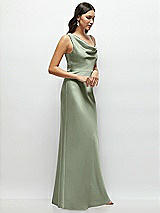 Side View Thumbnail - Sage One-Shoulder Draped Cowl A-Line Satin Maxi Dress