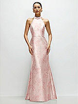 Front View Thumbnail - Bow And Blossom Print High-Neck Halter Open-Back Floral Satin Trumpet Dress