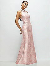 Side View Thumbnail - Bow And Blossom Print High-Neck Halter Open-Back Floral Satin Trumpet Dress