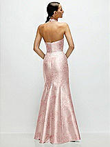 Rear View Thumbnail - Bow And Blossom Print High-Neck Halter Open-Back Floral Satin Trumpet Dress