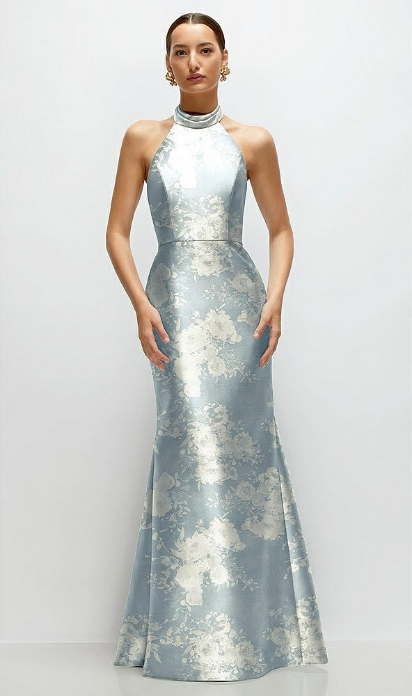 Front View - Porcelain Blue Seraphina Floral High-Neck Halter Open-Back Floral Satin Trumpet Dress