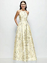 Front View Thumbnail - Butter Yellow Floral Jewel Neck Halter Full A-Line Satin Floral Maxi Dress