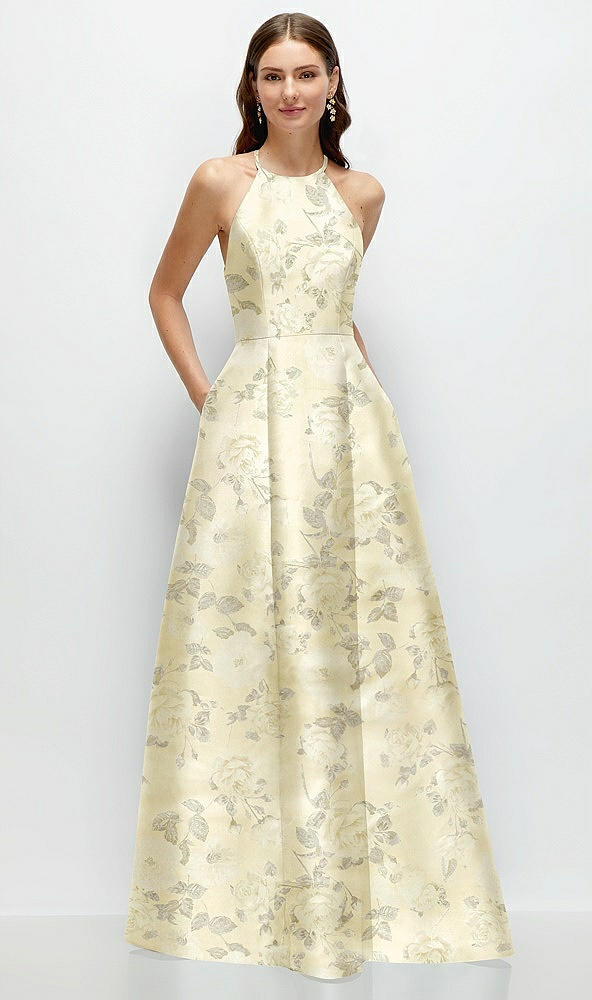 Front View - Butter Yellow Floral Jewel Neck Halter Full A-Line Satin Floral Maxi Dress
