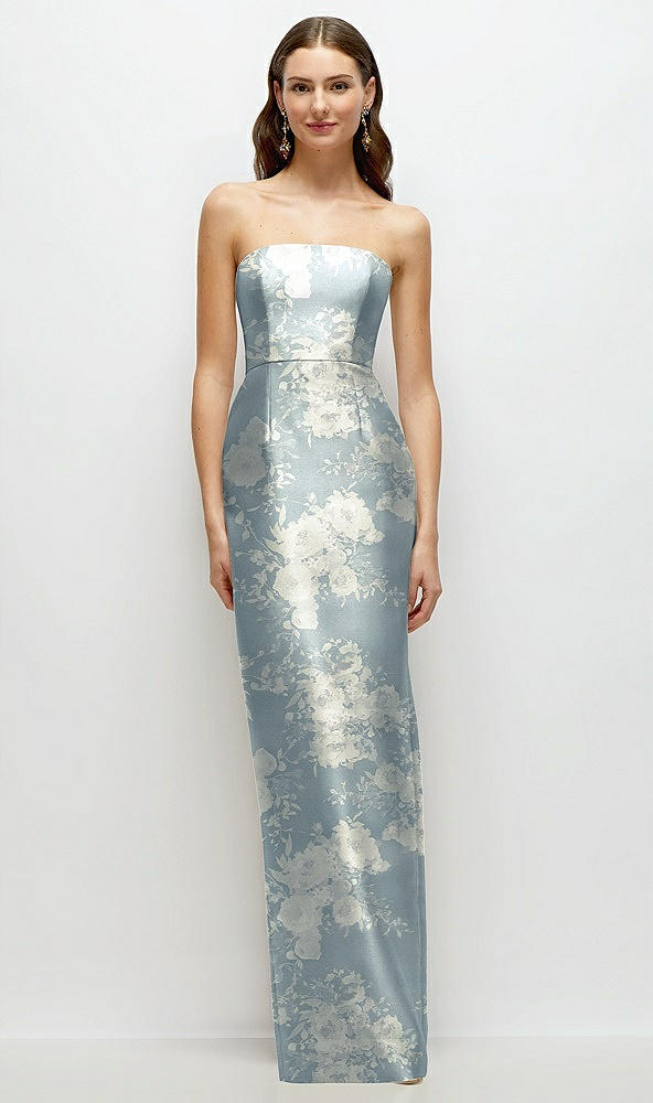 Front View - Porcelain Blue Seraphina Floral Strapless Floral Satin Column Dress with Back Slit