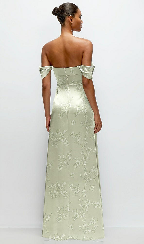 Back View - Vintage Primrose Celadon Floral A-Line Satin Maxi Dress with Convertible Off-the-Shoulder or Strapless Looks