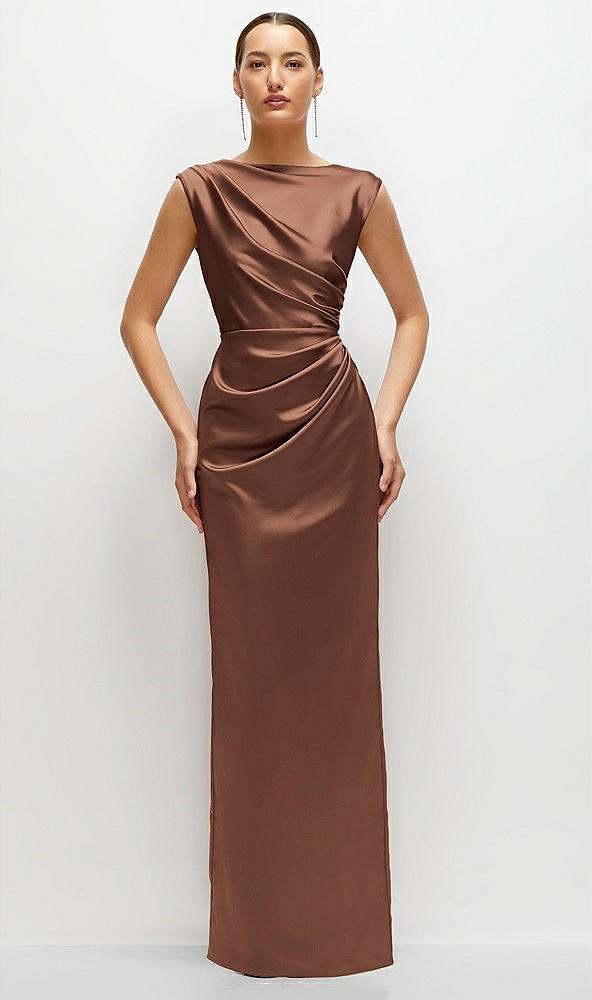 Front View - Cognac High Neck Sleeveless Cap Shoulder Satin Maxi Dress