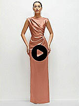 Video 1 Thumbnail - Cognac High Neck Sleeveless Cap Shoulder Satin Maxi Dress