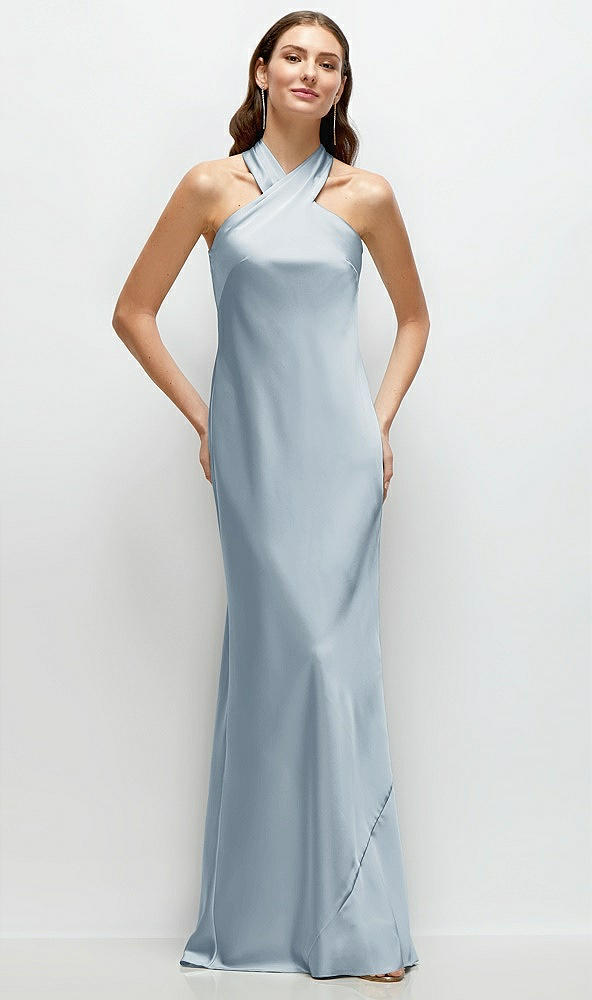 Front View - Mist Pleated Halter Bias Satin Maxi Dress with Self-Tie Bow Back