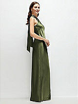 Side View Thumbnail - Olive Green Pleated Halter Bias Satin Maxi Dress with Self-Tie Bow Back