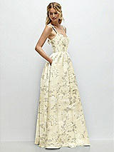 Side View Thumbnail - Butter Yellow Floral Scoop Neck Inset Corset Floral Satin Maxi Dress with Pockets