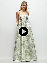 Video 1 Thumbnail - Inkwash Blue Floral Scoop Neck Inset Corset Floral Satin Maxi Dress with Pockets