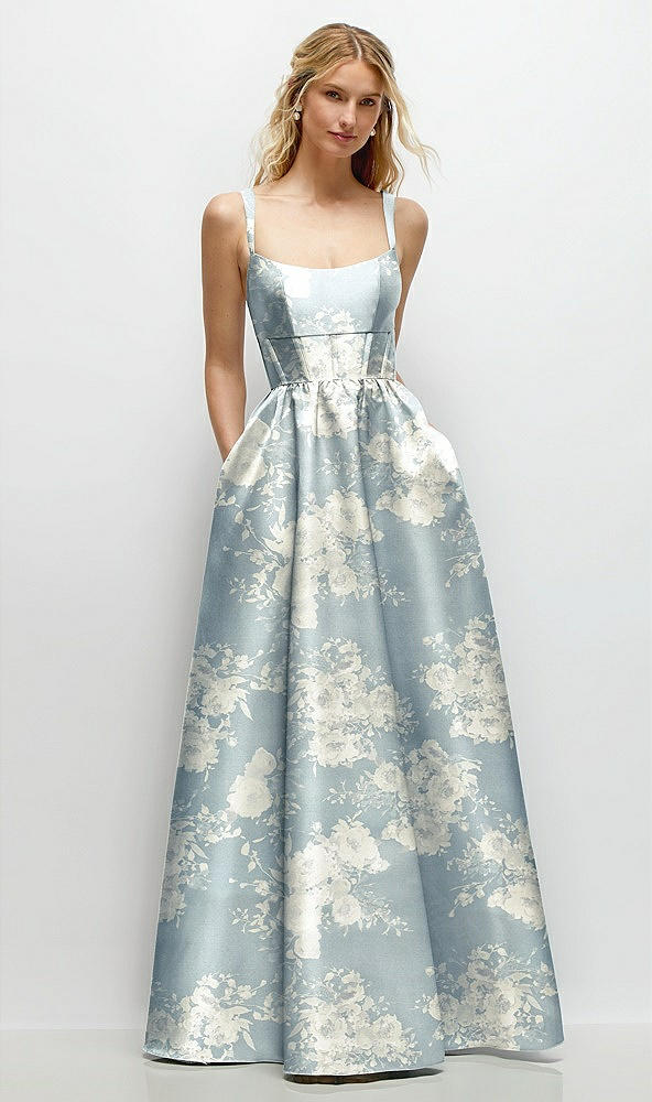 Front View - Porcelain Blue Seraphina Floral Scoop Neck Inset Corset Floral Satin Maxi Dress with Pockets