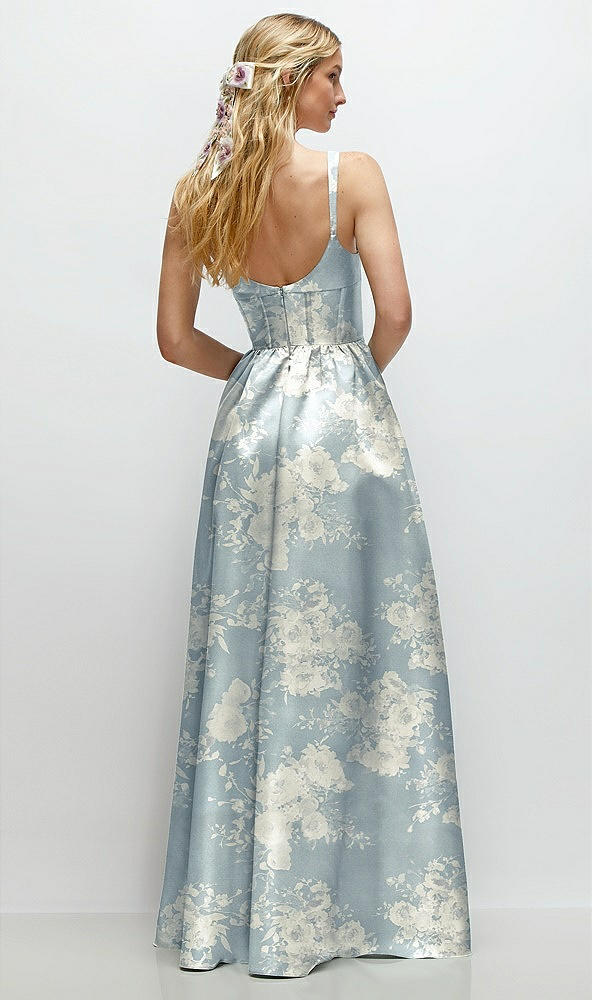 Back View - Porcelain Blue Seraphina Floral Scoop Neck Inset Corset Floral Satin Maxi Dress with Pockets