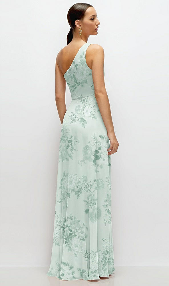 Back View - Mint Green Floral Chiffon One-Shoulder Maxi Dress with Circle Skirt