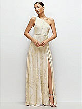 Front View Thumbnail - Butter Yellow Floral Chiffon One-Shoulder Maxi Dress with Circle Skirt