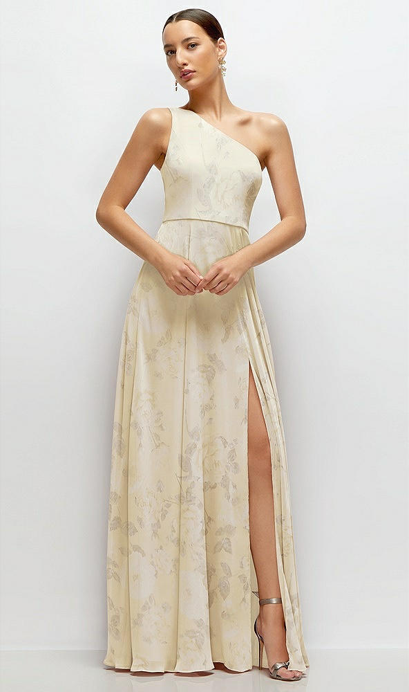 Front View - Butter Yellow Floral Chiffon One-Shoulder Maxi Dress with Circle Skirt