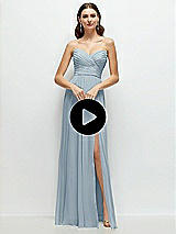Video 1 Thumbnail - Midnight Navy Strapless Pleated Surplice Chiffon Maxi Dress with A-Line Skirt