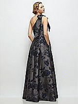 Rear View Thumbnail - Noir Midnight Navy Bow One-Shoulder Full A-Line Noir Garden Metallic Jacquard Maxi Dress