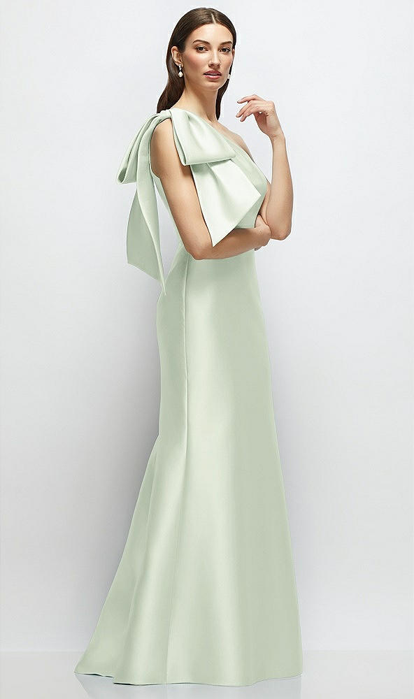 Front View - Mint Green Bow One-Shoulder Satin Maxi Dress with Trumpet Skirt