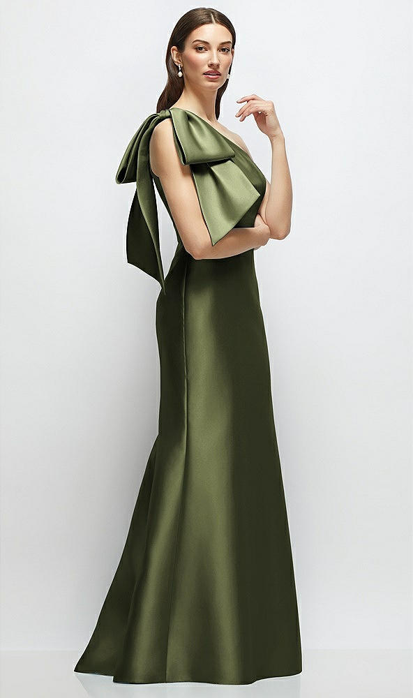 Front View - Olive Green Bow One-Shoulder Satin Maxi Dress with Trumpet Skirt