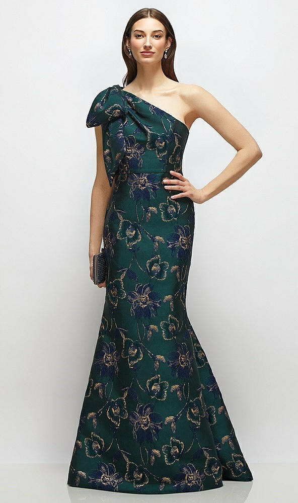 Front View - Evergreen Floral Bow One-Shoulder Oscar Metallic Floral Jacquard Trumpet Maxi Dress