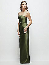 Side View Thumbnail - Olive Green Strapless Satin Column Dress with Bow-Trimmed Skinny Belt