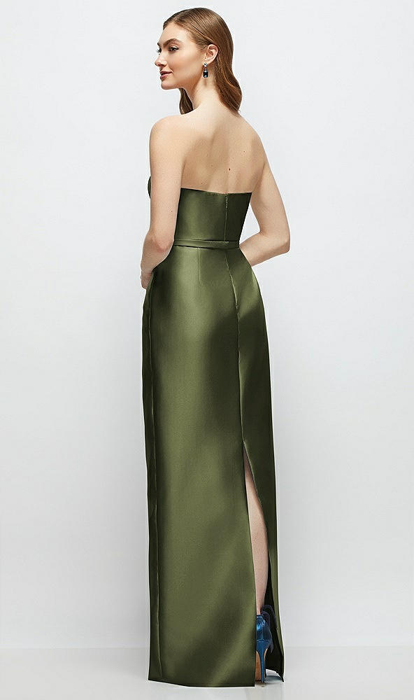 Back View - Olive Green Strapless Satin Column Dress with Bow-Trimmed Skinny Belt