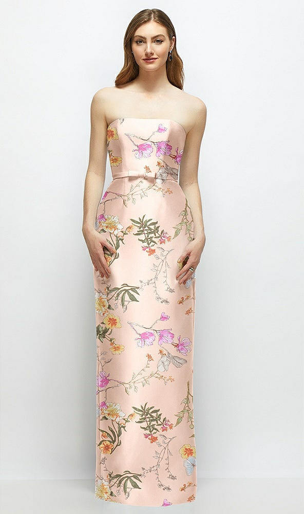 Front View - Butterfly Botanica Pink Sand Floral Strapless Satin Column Dress with Bow-Trimmed Skinny Belt