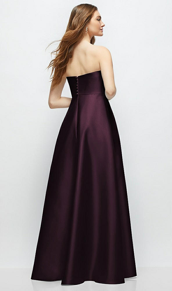 Back View - Deep Plum Strapless Satin Gown with Full Skirt and Covered Buttons at Back