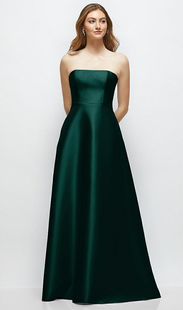 Front View - Evergreen Strapless Satin Gown with Full Skirt and Covered Buttons at Back