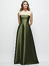 Front View Thumbnail - Olive Green Strapless Satin Gown with Full Skirt and Covered Buttons at Back