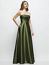 Side View Thumbnail - Olive Green Strapless Satin Gown with Full Skirt and Covered Buttons at Back
